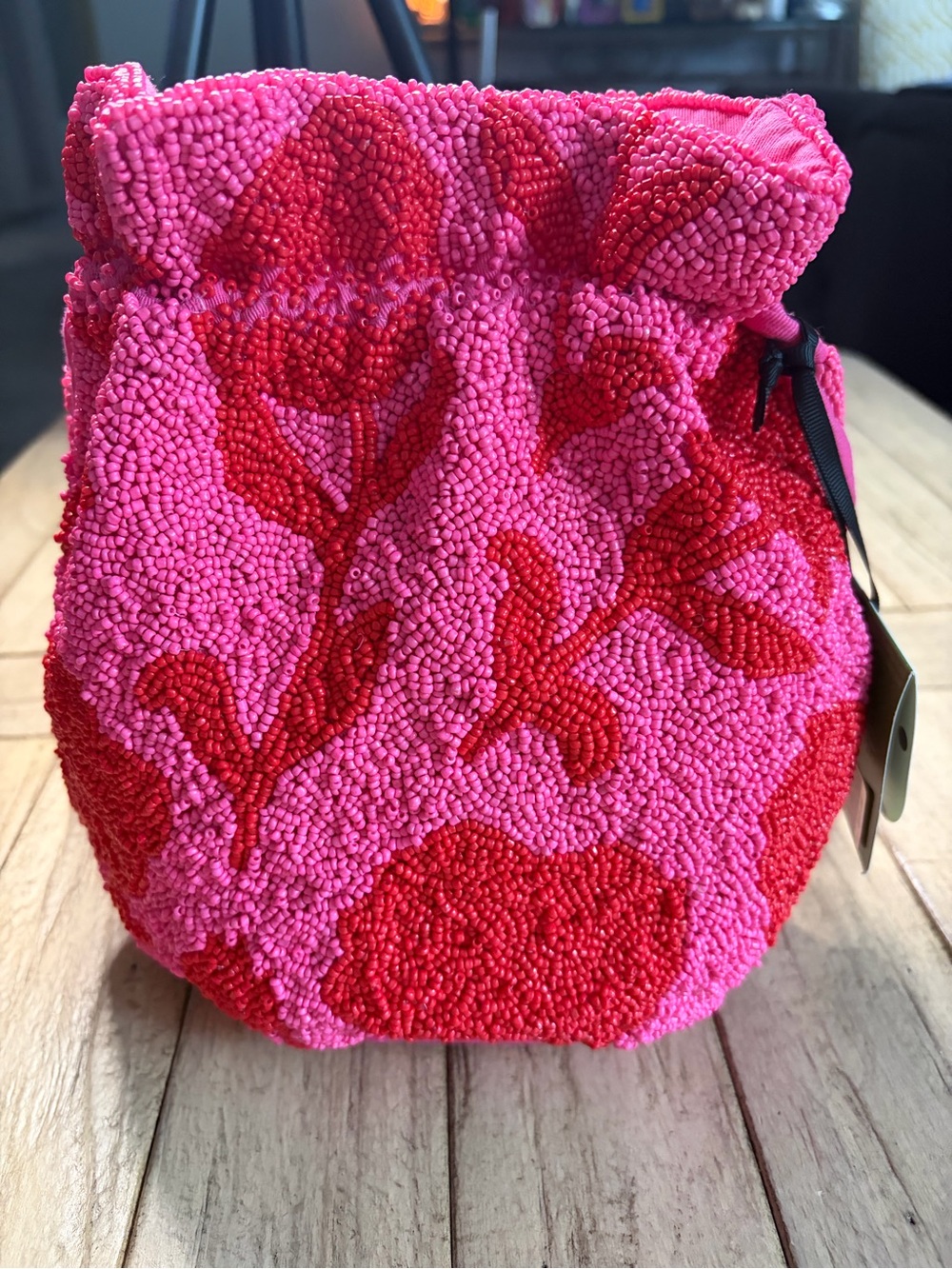 kate spade Target Pink and Red Beaded Floral Drawstring Cosmetic Bag